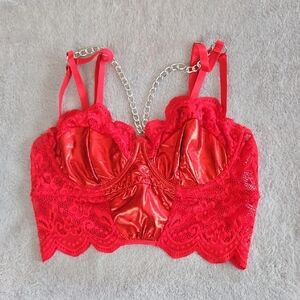 Vibrant Red Lace Bralette with Chain Detail